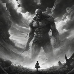 Create a powerful black and white artwork inspired by Attack on Titan with dramatic contrasts and dynamic characters