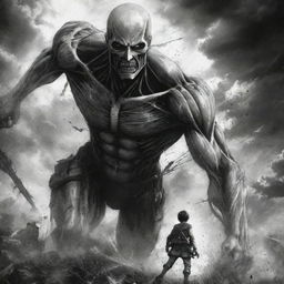 Create a powerful black and white artwork inspired by Attack on Titan with dramatic contrasts and dynamic characters