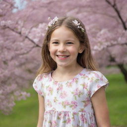 A portrait of a young girl with a vivacious smile, wearing a summer dress, standing near a flowering cherry blossom tree during spring.