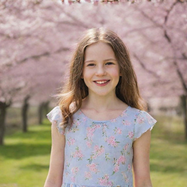 A portrait of a young girl with a vivacious smile, wearing a summer dress, standing near a flowering cherry blossom tree during spring.