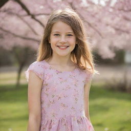 A portrait of a young girl with a vivacious smile, wearing a summer dress, standing near a flowering cherry blossom tree during spring.