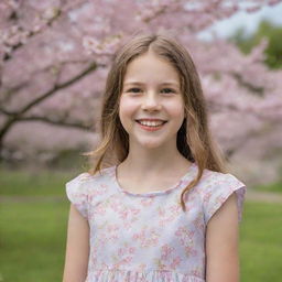 A portrait of a young girl with a vivacious smile, wearing a summer dress, standing near a flowering cherry blossom tree during spring.