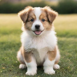 A cute, fluffy, playful puppy with bright eyes and wagging tail, sitting on a soft, green grass under a sunny sky.