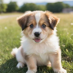 A cute, fluffy, playful puppy with bright eyes and wagging tail, sitting on a soft, green grass under a sunny sky.