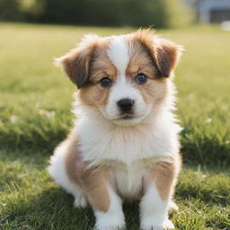 A cute, fluffy, playful puppy with bright eyes and wagging tail, sitting on a soft, green grass under a sunny sky.