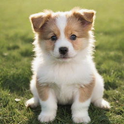 A cute, fluffy, playful puppy with bright eyes and wagging tail, sitting on a soft, green grass under a sunny sky.