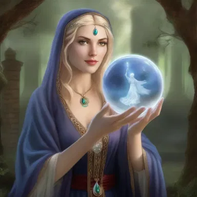 In the mystical land of Avalon, the sorceress scrys into her crystal ball to reveal the future of the kingdom.
