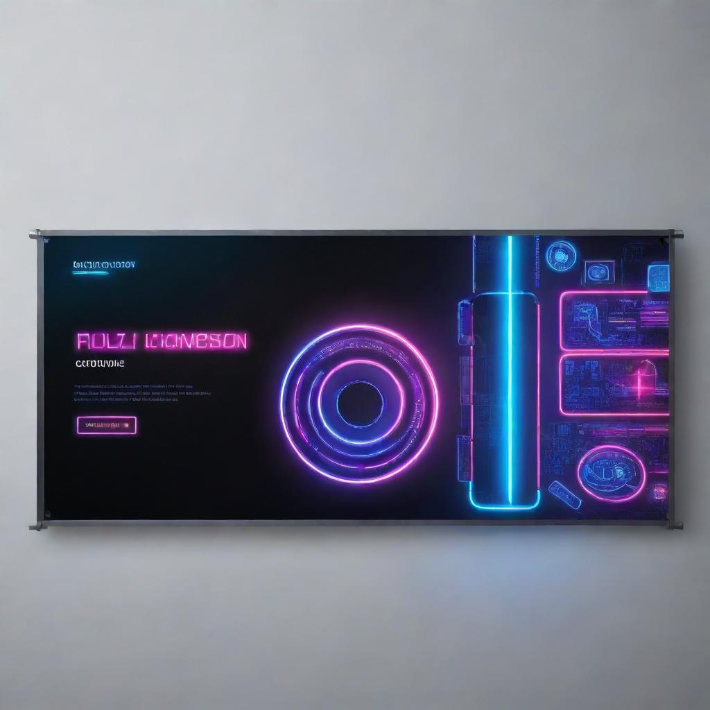 A sleek banner with futuristic technology theme, featuring an array of neon lights, holograms, and high-tech gadgets in a sleek metal design.