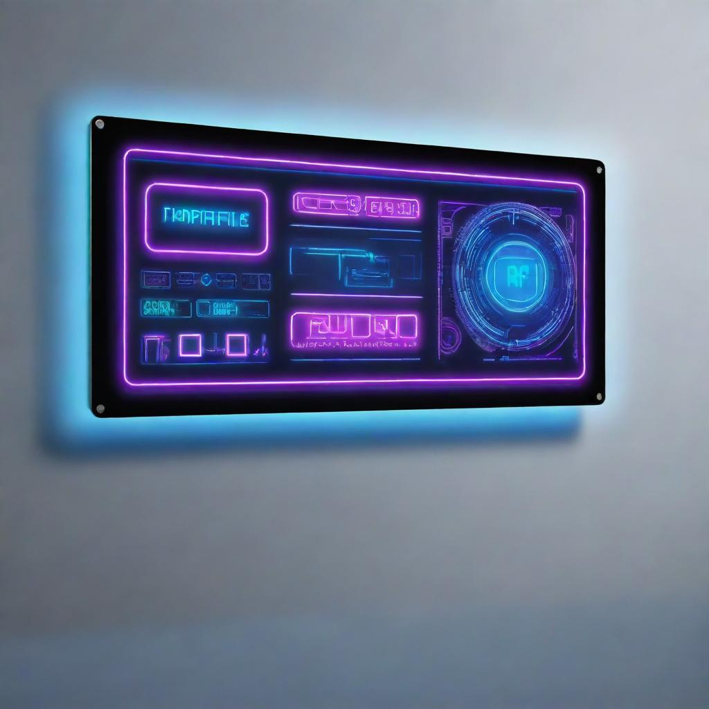 A sleek banner with futuristic technology theme, featuring an array of neon lights, holograms, and high-tech gadgets in a sleek metal design.