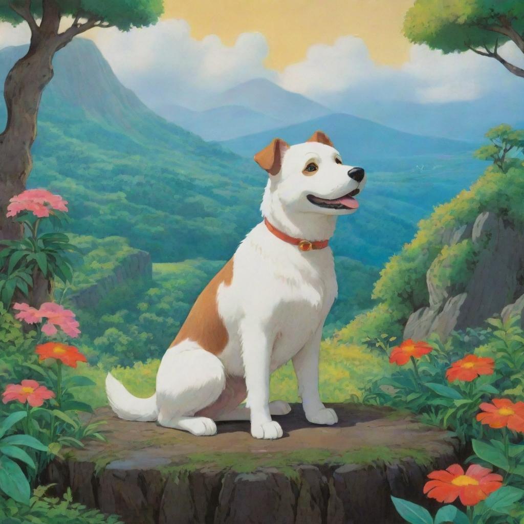 A charming dog character in the vibrant and whimsical style of Studio Ghibli, posing in a lush, fantastical landscape.