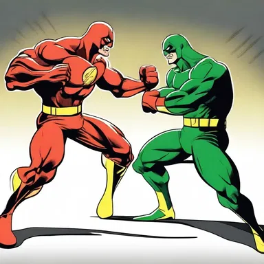 As the superhero fought against the villain, he delivered a powerful jabbing punch that knocked him out.