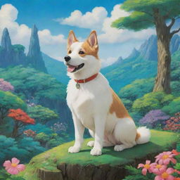 A charming dog character in the vibrant and whimsical style of Studio Ghibli, posing in a lush, fantastical landscape.