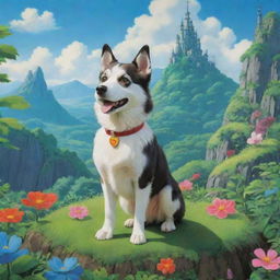 A charming dog character in the vibrant and whimsical style of Studio Ghibli, posing in a lush, fantastical landscape.