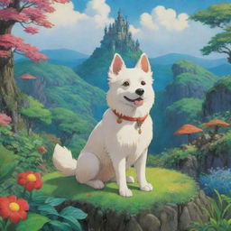 A charming dog character in the vibrant and whimsical style of Studio Ghibli, posing in a lush, fantastical landscape.