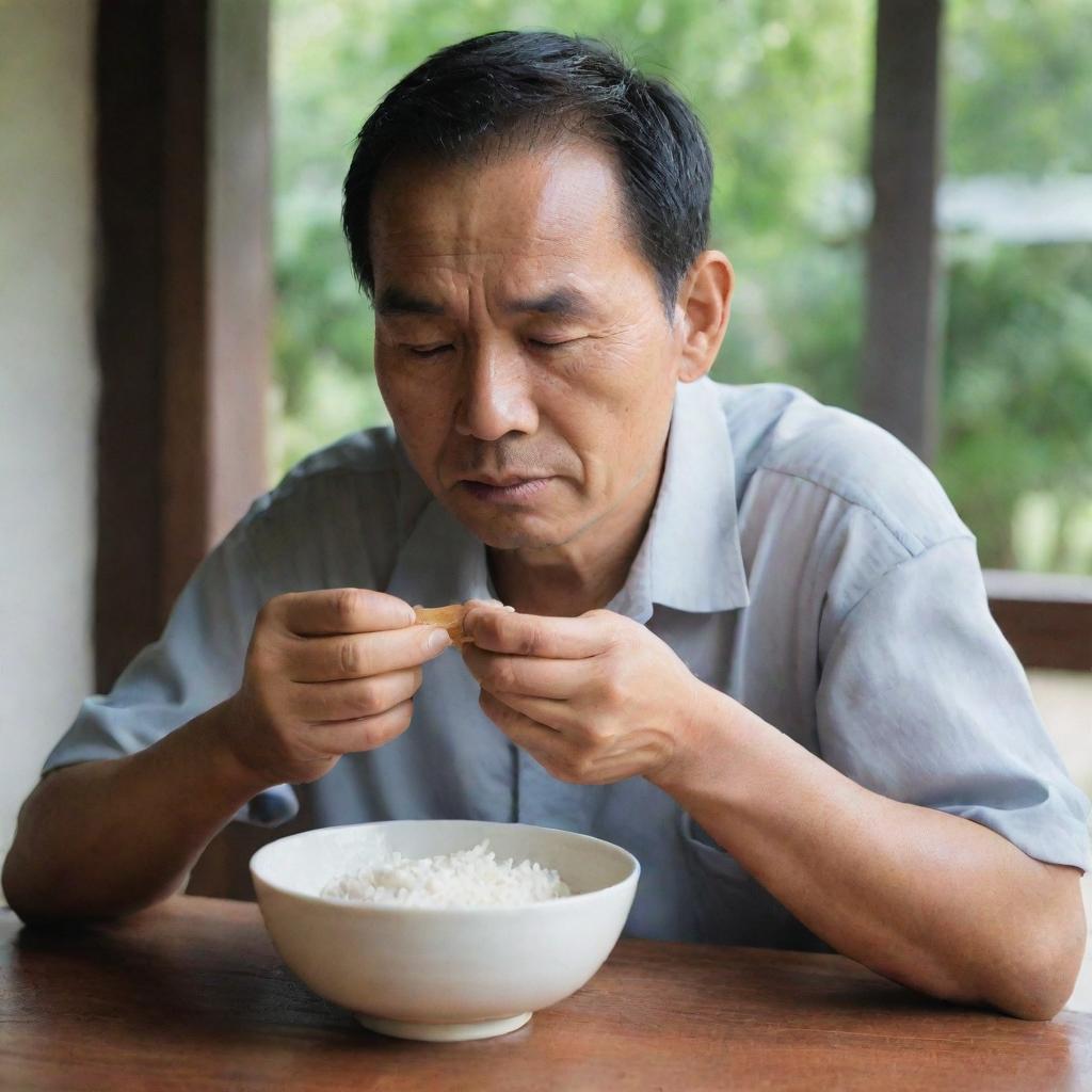 A man sits at a wooden table, illuminated by soft daylight, engrossed in the simple act of eating a steaming bowl of white rice. His expression is of tranquil concentration.