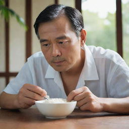 A man sits at a wooden table, illuminated by soft daylight, engrossed in the simple act of eating a steaming bowl of white rice. His expression is of tranquil concentration.