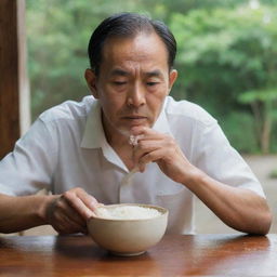 A man sits at a wooden table, illuminated by soft daylight, engrossed in the simple act of eating a steaming bowl of white rice. His expression is of tranquil concentration.