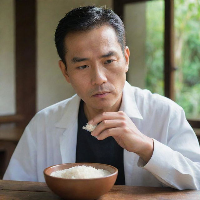 A man sits at a wooden table, illuminated by soft daylight, engrossed in the simple act of eating a steaming bowl of white rice. His expression is of tranquil concentration.