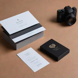 A photography business card for Rohit, vividly featuring a studio set, a professional camera, a sleek laptop, and a gleaming trophy for excellence in photography.