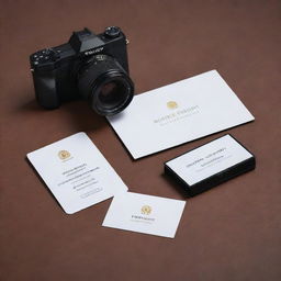 A photography business card for Rohit, vividly featuring a studio set, a professional camera, a sleek laptop, and a gleaming trophy for excellence in photography.