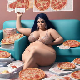 A high-quality, realistic digital art piece depicting a belly dancer who has noticeably gained weight due to excessive consumption of pizza and ice cream