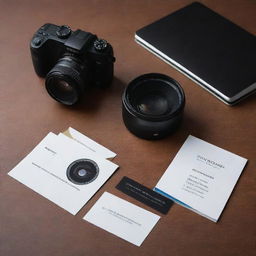 A photography business card for Rohit, vividly featuring a studio set, a professional camera, a sleek laptop, and a gleaming trophy for excellence in photography.