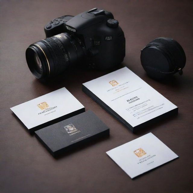 A photography business card for Rohit, vividly featuring a studio set, a professional camera, a sleek laptop, and a gleaming trophy for excellence in photography.