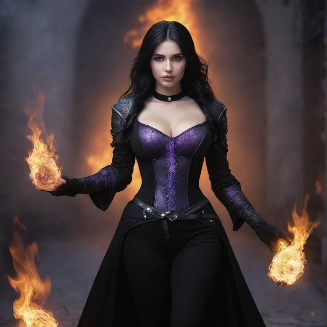 medieval beatifull,  bigb boobs, sexy full body, black hair girl with purple eyes with fire aura behind, 23 years old, she is a piro controler, black clothes, sexy, piromancer, in ocation place, charmOfTheRealm, digital art