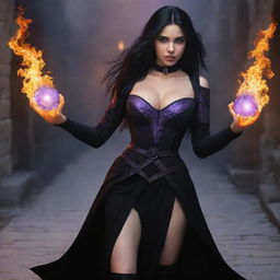 medieval beatifull,  bigb boobs, sexy full body, black hair girl with purple eyes with fire aura behind, 23 years old, she is a piro controler, black clothes, sexy, piromancer, in ocation place, charmOfTheRealm, digital art