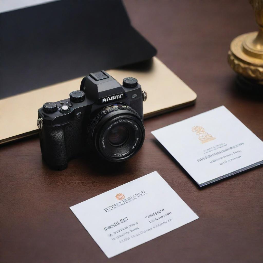 A photography business card for Rohit, visually showcasing a professional camera, a sleek laptop, a studio setup, and a shining trophy for photography achievements.