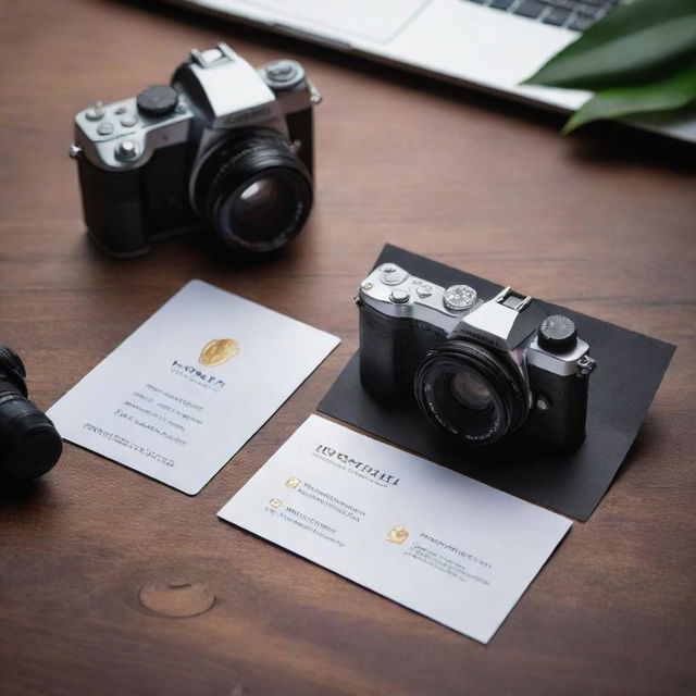 A photography business card for Rohit, visually showcasing a professional camera, a sleek laptop, a studio setup, and a shining trophy for photography achievements.