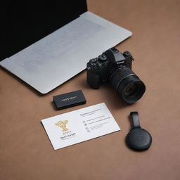 A photography business card for Rohit, visually showcasing a professional camera, a sleek laptop, a studio setup, and a shining trophy for photography achievements.