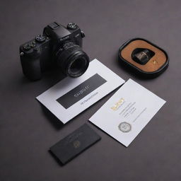 A photography business card for Rohit, visually showcasing a professional camera, a sleek laptop, a studio setup, and a shining trophy for photography achievements.