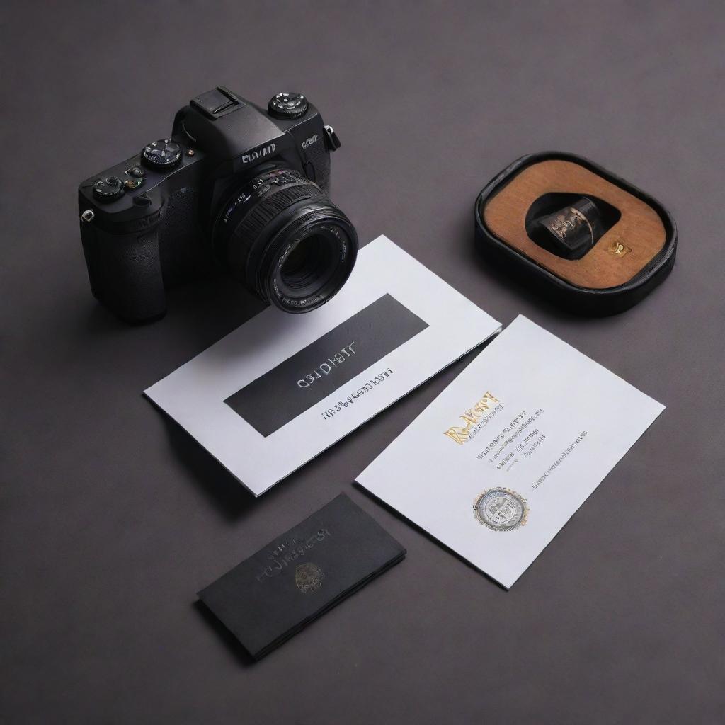 A photography business card for Rohit, visually showcasing a professional camera, a sleek laptop, a studio setup, and a shining trophy for photography achievements.