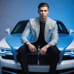 Illustration of a stylish 22-year-old boy sitting atop a luxury Rolls Royce, adorned in a diamond jacket. He's highlighted by blue neon lights against a white wall backdrop, with the name 'ISHAN' illuminated.