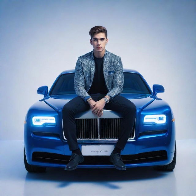 Illustration of a stylish 22-year-old boy sitting atop a luxury Rolls Royce, adorned in a diamond jacket. He's highlighted by blue neon lights against a white wall backdrop, with the name 'ISHAN' illuminated.