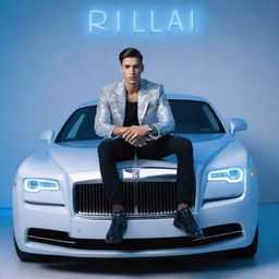 Illustration of a stylish 22-year-old boy sitting atop a luxury Rolls Royce, adorned in a diamond jacket. He's highlighted by blue neon lights against a white wall backdrop, with the name 'ISHAN' illuminated.