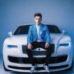 Illustration of a stylish 22-year-old boy sitting atop a luxury Rolls Royce, adorned in a diamond jacket. He's highlighted by blue neon lights against a white wall backdrop, with the name 'ISHAN' illuminated.