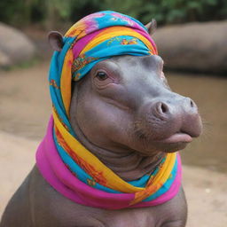 A friendly hippopotamus gracefully adorned with a colorful hijab.