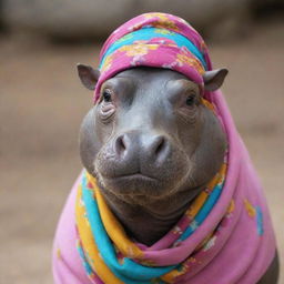 A friendly hippopotamus gracefully adorned with a colorful hijab.