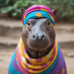 A friendly hippopotamus gracefully adorned with a colorful hijab.