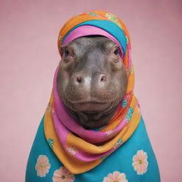 A friendly hippopotamus gracefully adorned with a colorful hijab.