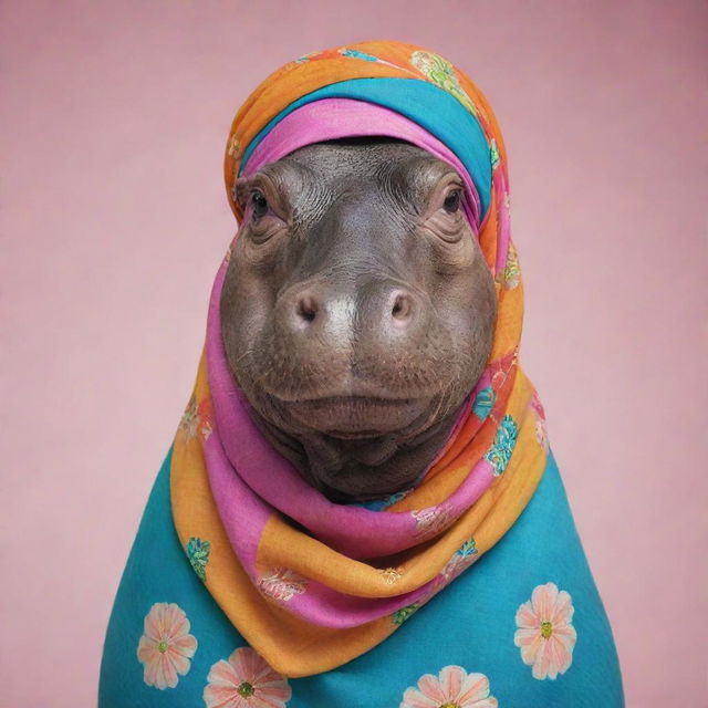 A friendly hippopotamus gracefully adorned with a colorful hijab.