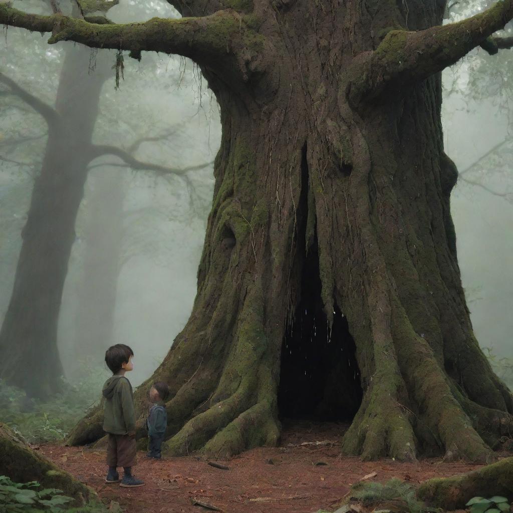 An ancient tree nestled in a deep forest, a stout boy standing beneath with tiny needles raining down around him, and a smaller boy looking on with a worried expression.