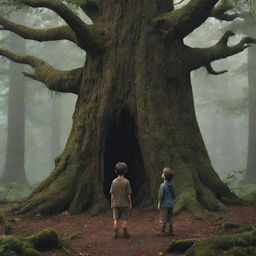 An ancient tree nestled in a deep forest, a stout boy standing beneath with tiny needles raining down around him, and a smaller boy looking on with a worried expression.