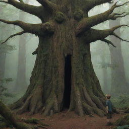 An ancient tree nestled in a deep forest, a stout boy standing beneath with tiny needles raining down around him, and a smaller boy looking on with a worried expression.