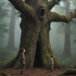 An ancient tree nestled in a deep forest, a stout boy standing beneath with tiny needles raining down around him, and a smaller boy looking on with a worried expression.