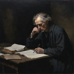 A dark-themed painting of a poet engrossed in his creation, visibly worn-out yet passionately engrossed in his work.