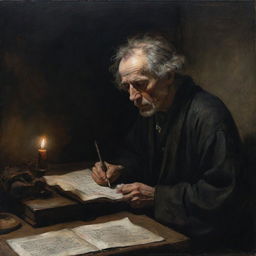 A dark-themed painting of a poet engrossed in his creation, visibly worn-out yet passionately engrossed in his work.