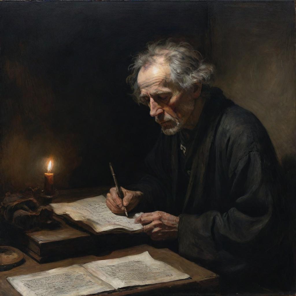 A dark-themed painting of a poet engrossed in his creation, visibly worn-out yet passionately engrossed in his work.